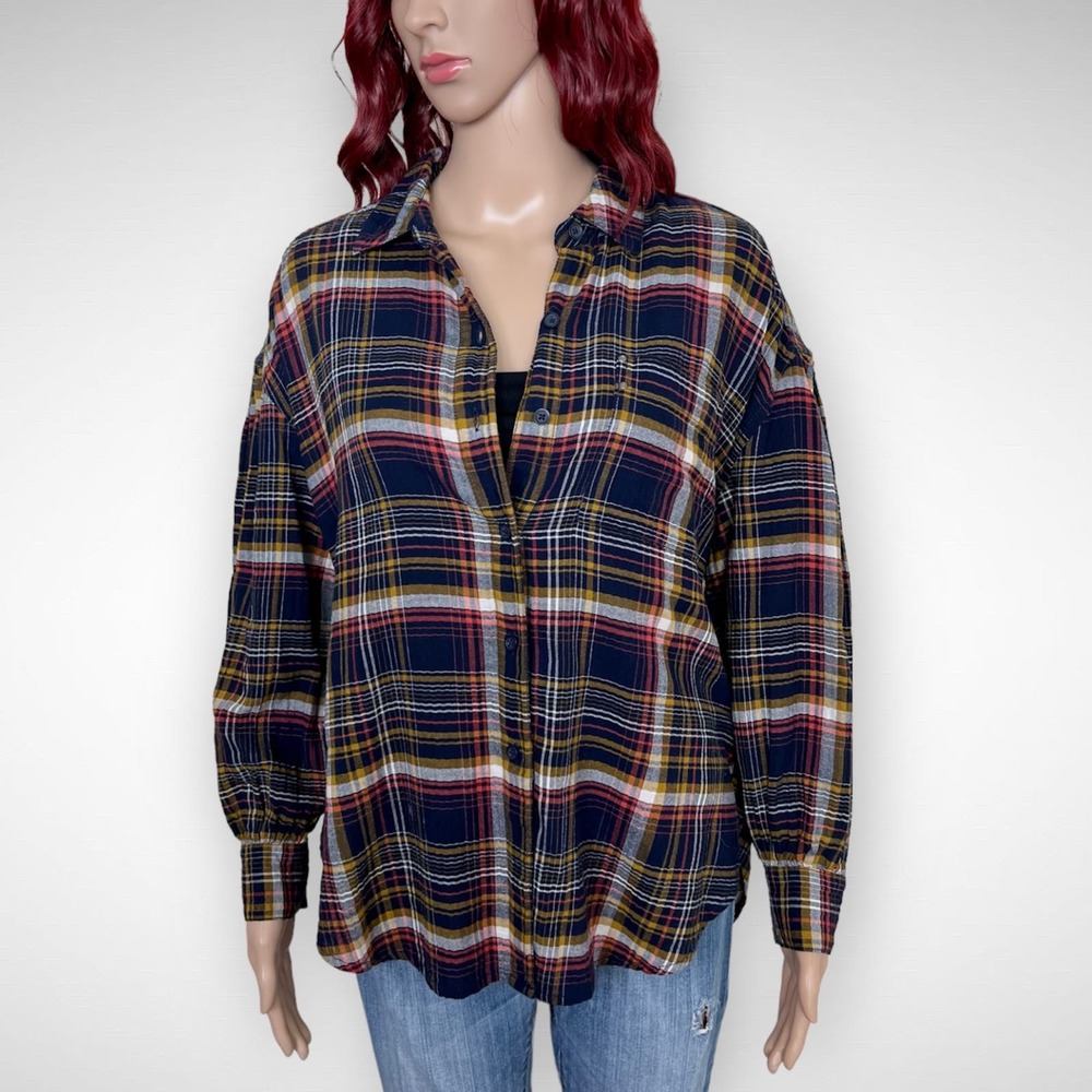 Twelve-O-Two Plaid Button Down Top Size Small Blu… - image 1